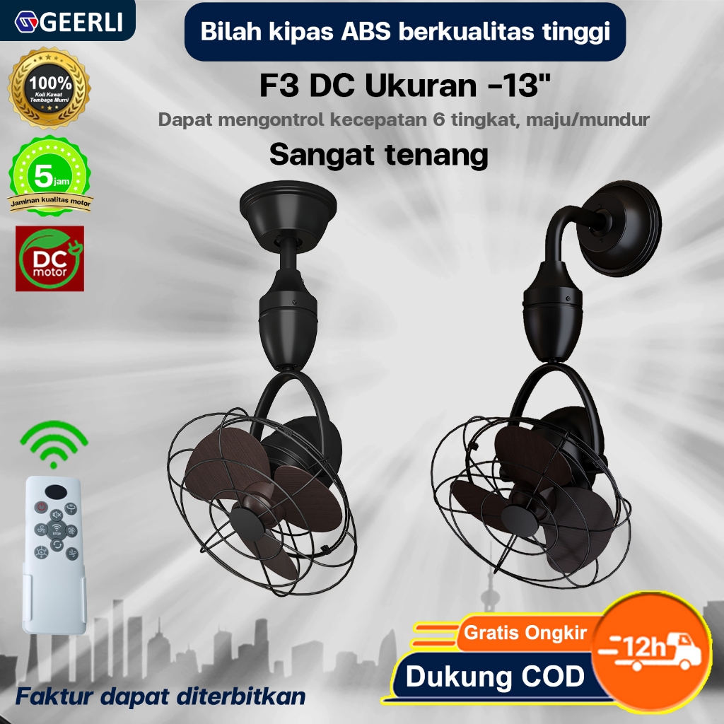 GEERLI Gratis ongkir + COD Kipas angin gantung remote 13 inci 6 kecepatan dapat disesuaikan, motor DC tembaga murni, hemat energi dan senyap, dengan fungsi putar balik/timer, cocok untuk balkon/ruang belajar/kamar tidur, pengiriman lokal