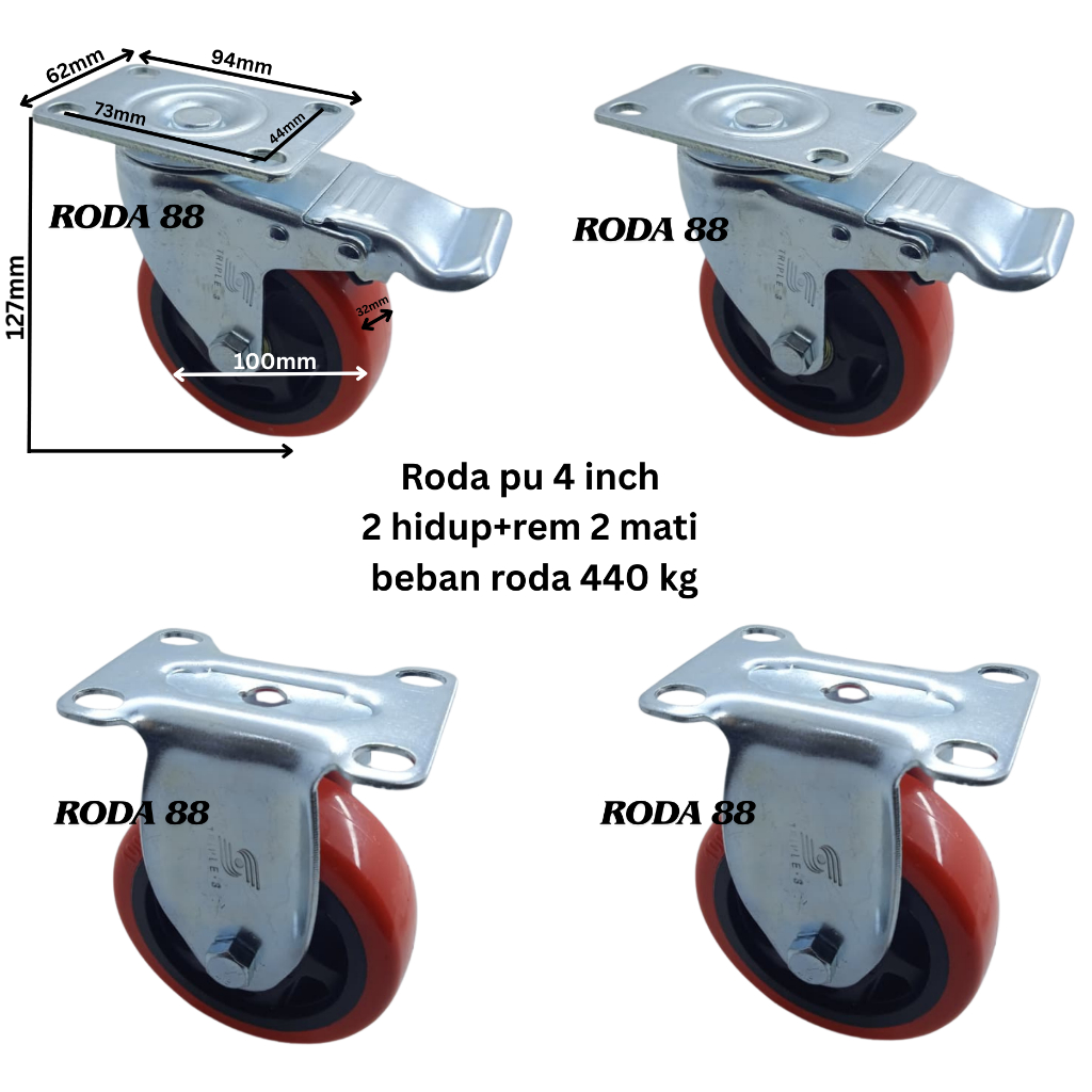 Jual Roda pu Merah 4 inch (2 Hidup+rem & 2 Mati) Beban roda 440 kg ...
