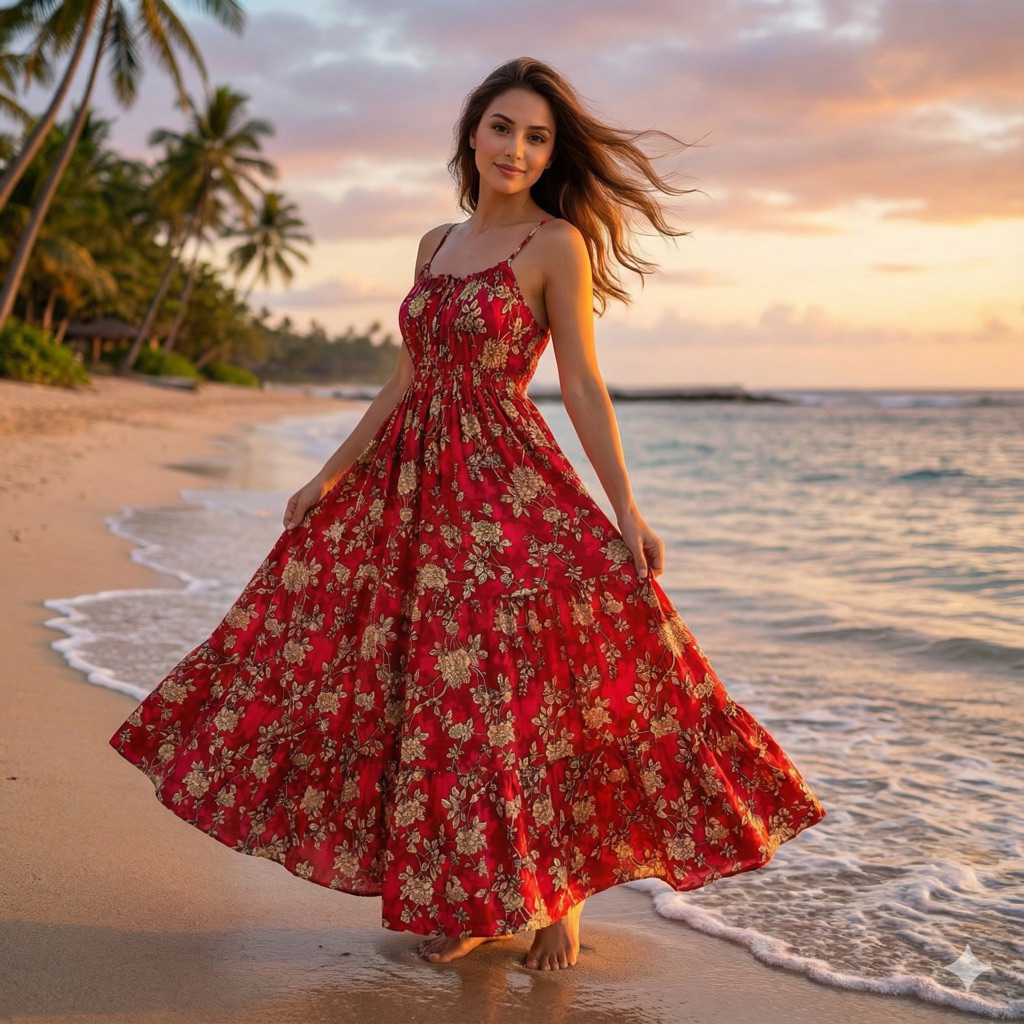 shopee beach dress Red Floral Summer Boho Vacation Holiday Tropical Plant Print Sleeveless  Dress For Big Girls,Soft&Flowy Relaxed Fit For Beach Summer Picnic Everyday