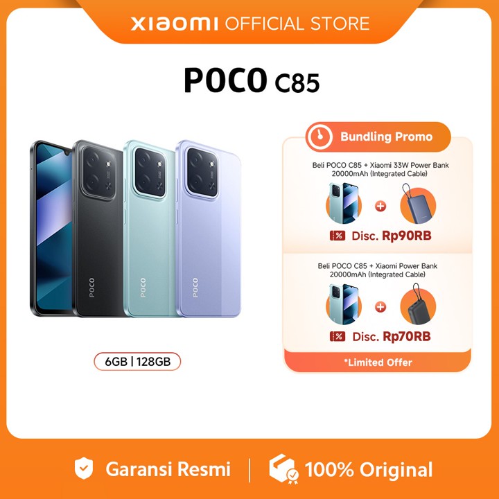 POCO C85 (6/128 GB) (8/256 GB) Baterai besar 6000mAh dengan pengisian daya 33W |