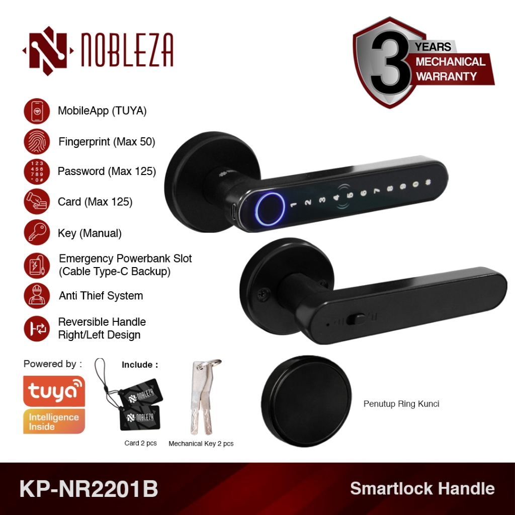 NOBLEZA Smart Door Lock Kunci Pintu Digital Handle Rosette Fingerprint App Bluetooth HYPERION KP-NR2201B BLACK