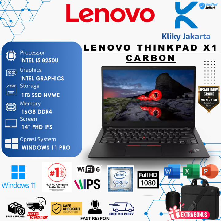 Laptop Lenovo Thinkpad X1 Carbon Intel Core i5-8250U RAM 16GB SSD 1TB Windows 11