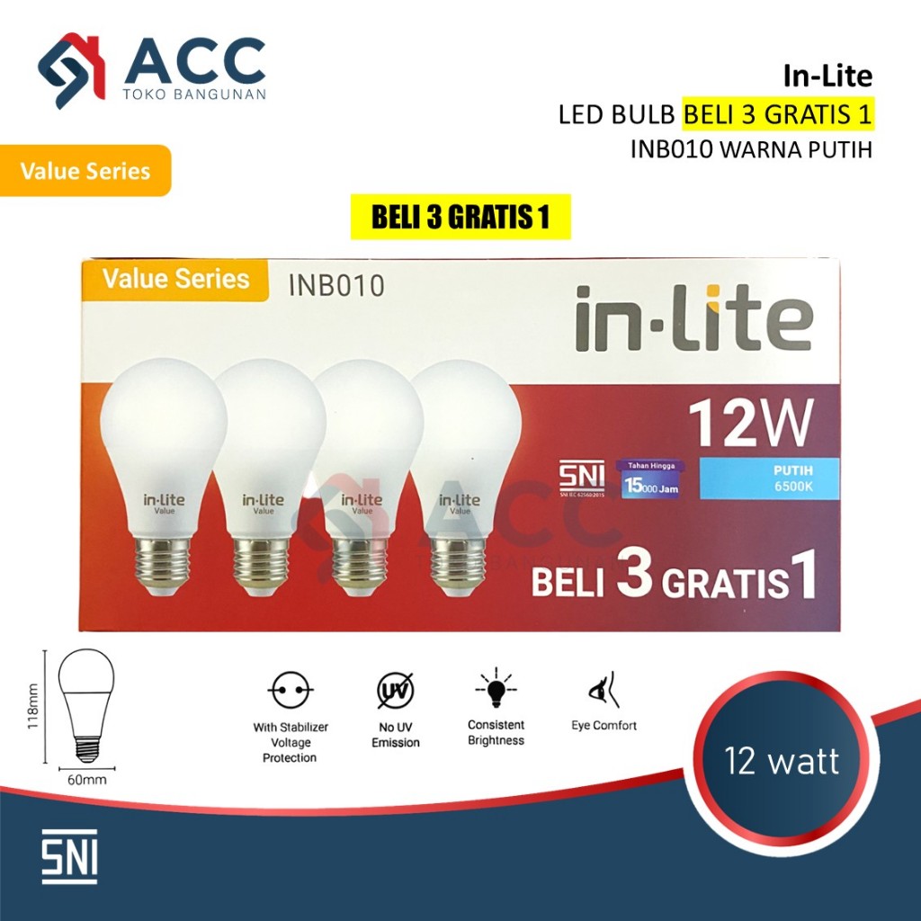 Jual INLITE INB010 VALUE SERIES 12W WATT LED BULB BOHLAM PAKET LAMPU ...