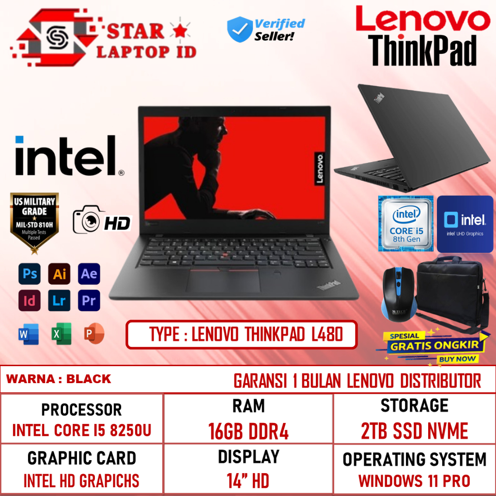 Jual PROMO Laptop Lenovo Thinkpad L480 Intel i5 8250U 16GB 2TB SSD 14 ...