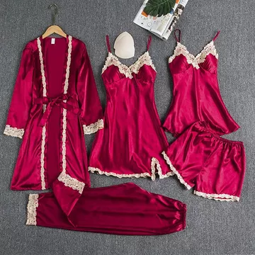 Baju Tidur Satin Wanita High Quali Piyama Set Sexy Kimono 5In1 Baju Tidur Satin Wanita Baju