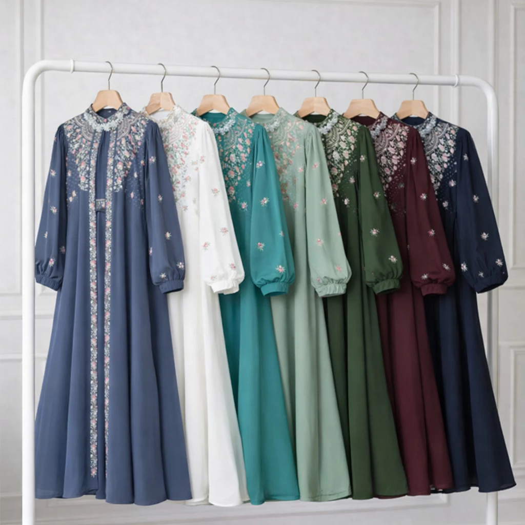 Gamis Muslim Wanita Ceruty Babydoll Mix Bordir Lebaran Kondangan desain depan