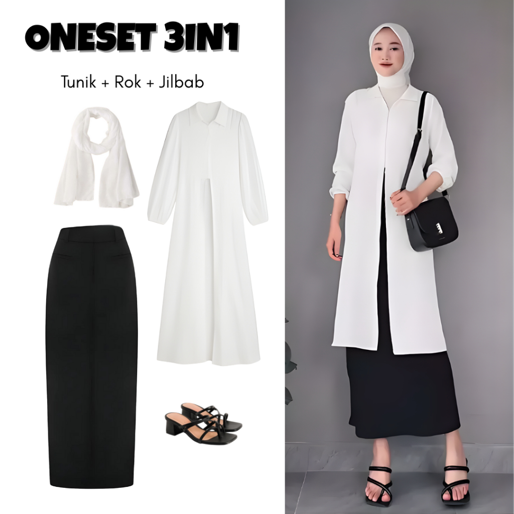 Jual One set 3in1 outer outwear tunik putih panjang rok span hitam ...