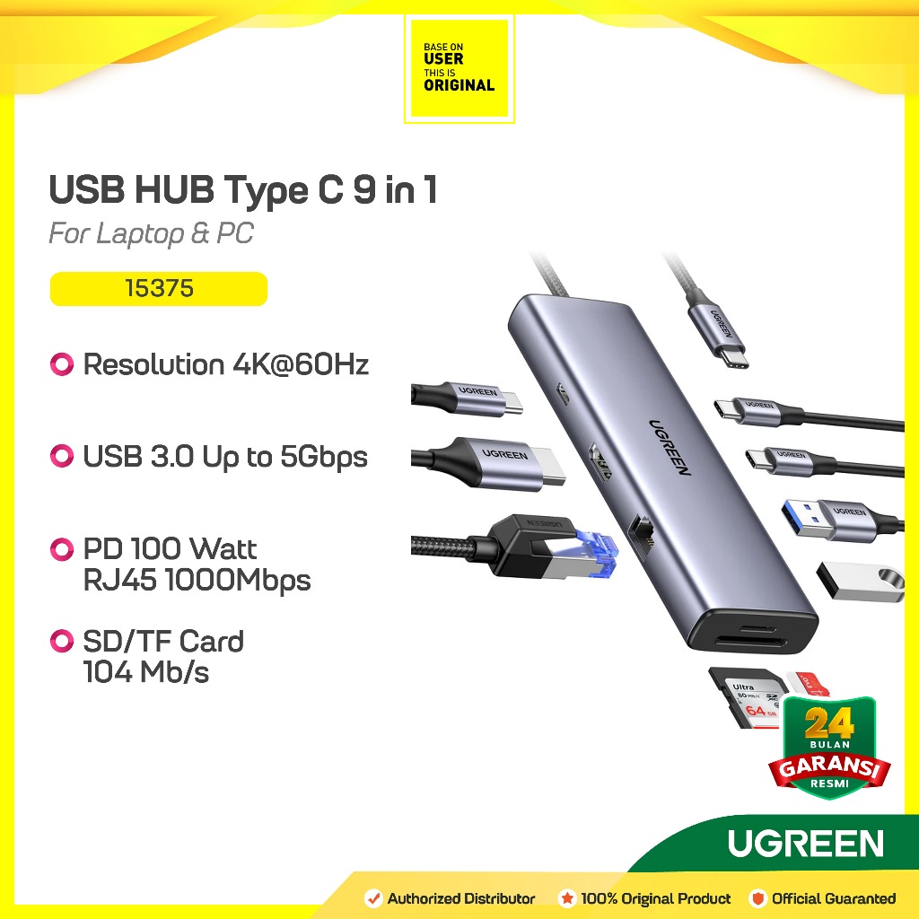 Jual UGREEN 15375 HUB 9 in 1 Type C to Dual HDMI 4K 30Hz + Type C PD ...