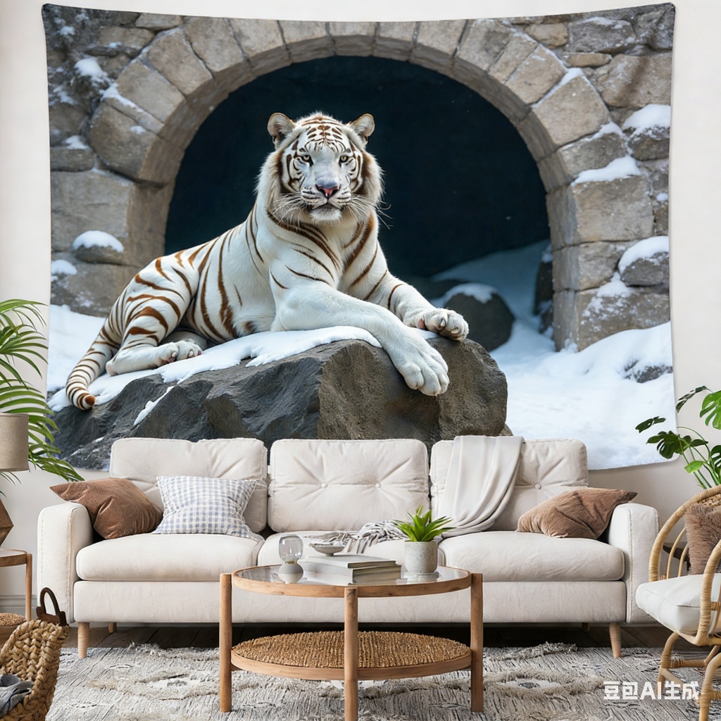 Kain hiasan dinding motif hewan, kain latar belakang dekorasi dinding, Tapestry Dinding Rumah - Gambar Harimau Putih Alam liar Keren untuk Hiasan Ruang Tamu / Kamar Tidur