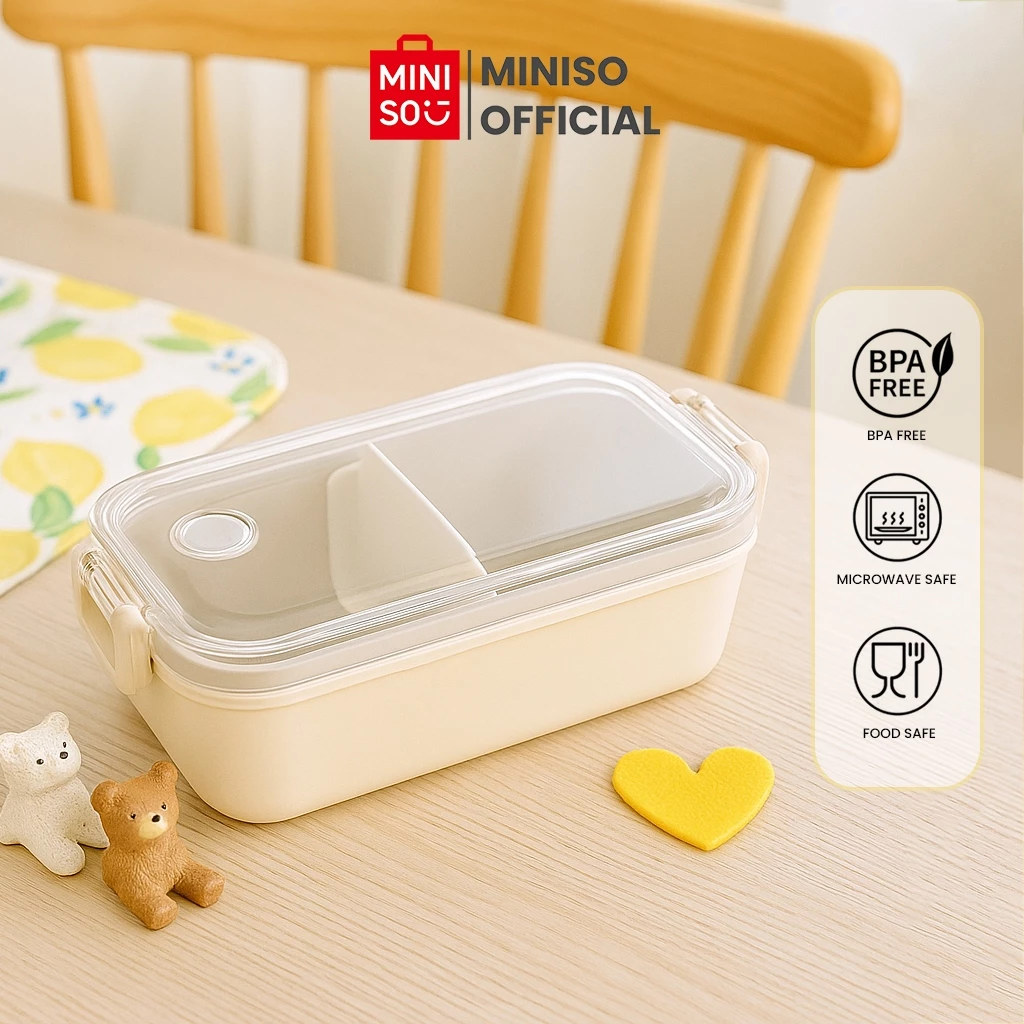 Foto penjual kotak makan MINISO Graceful berwarna krem dengan sekat dan tutup transparan