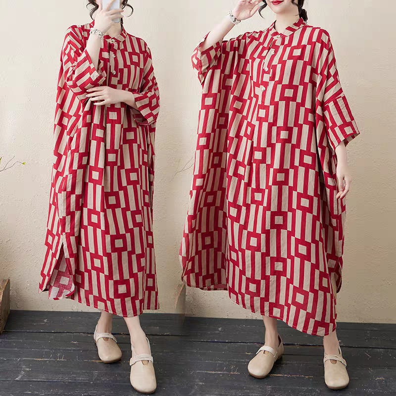 chinese dress ladies Midi Dress | LRI2025 Fit and Flare LWD-01 | Linen | Blue