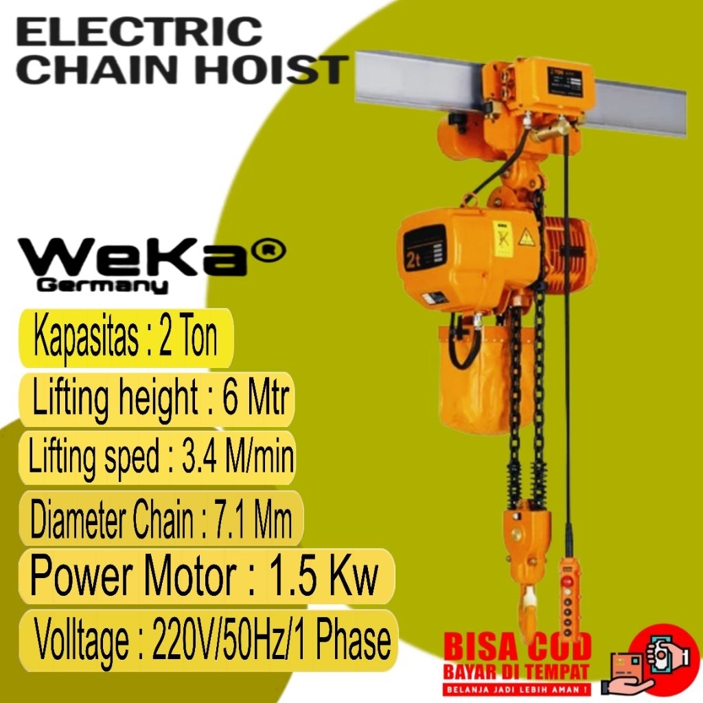 Jual ELECTRIC CHAIN HOIST PLUS TROLLY 2 TON 6 MTR 220V/1 PHASE WEKA ...