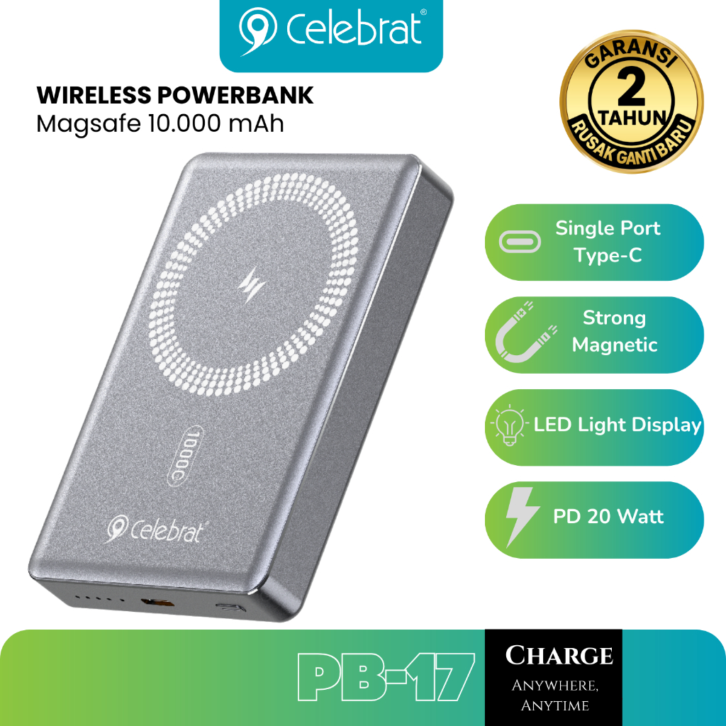 Celebrat PB-17 Power Bank PD20W Magnetic Wireless Charger 10000mAh Type-C Port Fast Charging Magsafe Iphone Android