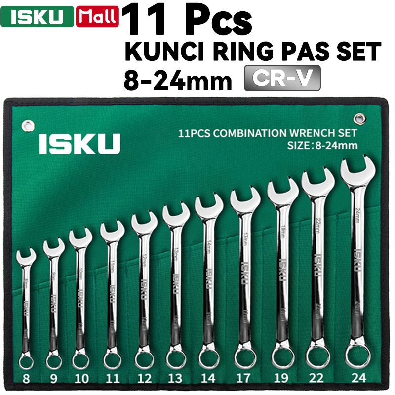 ISKU Kunci Ring Pas Set 11 Pcs 8-24mm CR-V Mirror Polish Combination Wrench Spanner Set Lengkap Heavy Duty Anti Karat Alat Bengkel Motor Mobil Tool Kit Tas Kain & Rak Plastik High Quality Kunci Kombinasi Pas Ring 8 10 12 14 17 19 22 24 mm