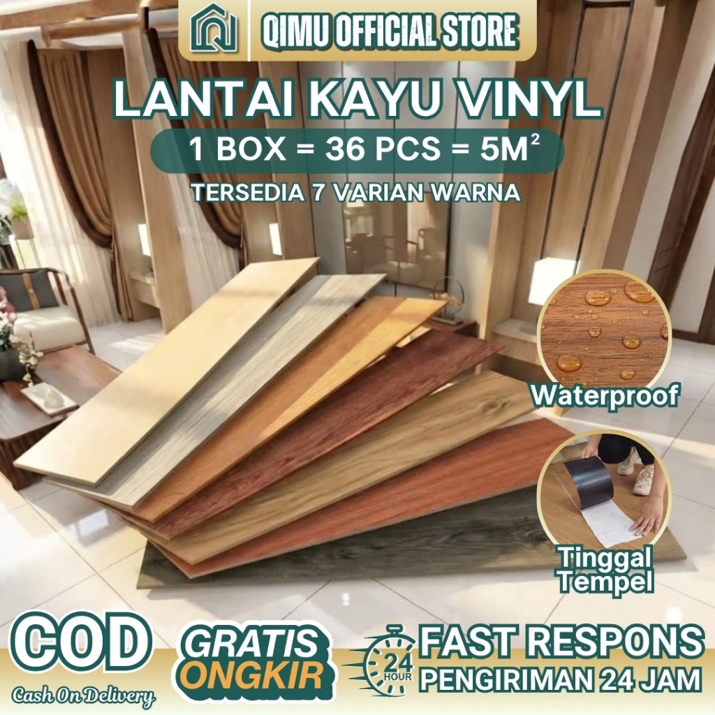 1 Box 36 Lembar Lantai Vinyl Kayu Premium 91.4x15.2 cm | SPC Wood Flooring Motif Kayu Anti Rayap Tahan Air Mudah Dipasang