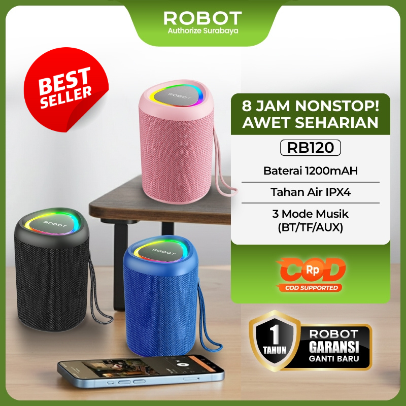 ROBOT Speaker Bluetooth Portable Mini 5W Bass IPX4 Waterproof 1200mAH 8 Jam Playtime RGB LED TWS Stereo TF Card AUX Wireless Speaker RB120