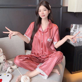 Jaxstores DC Piyama Satin Polos Lengan Pendek Celana Panjang Import