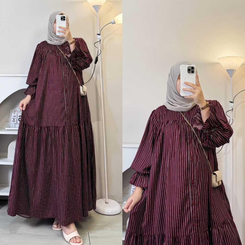 Set Gamis Wanita Rayon Premium - Nyaman Dipakai Sehari-hari - Gamis Rayon Motif Salur
