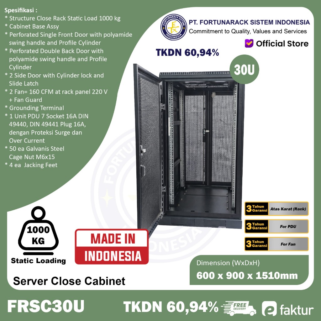 Jual Server Rack Fortunarack Close Cabinet 30U Depth 900mm TKDN 60,94% ...