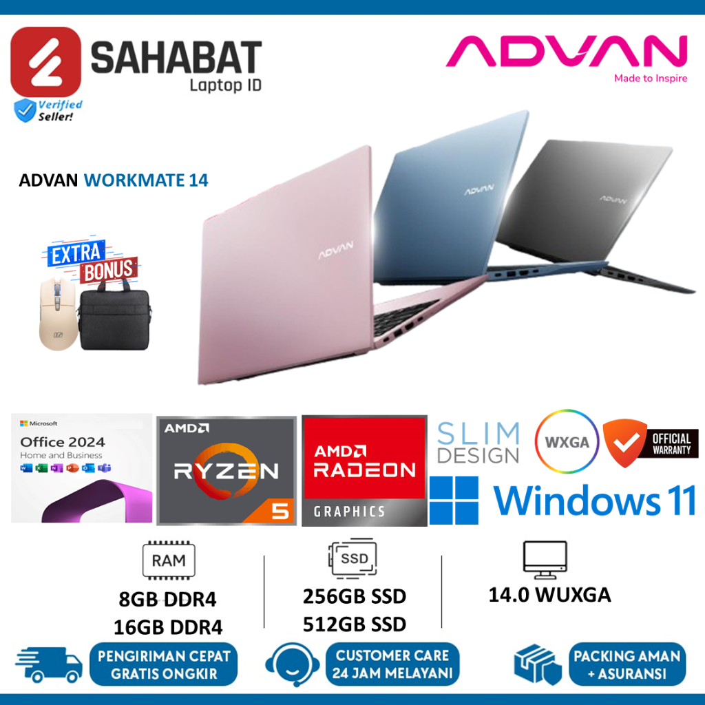 Jual Laptop ADVAN WorkMate AMD Ryzen 5 3500U / Intel i3-1215U 14 Inch ...