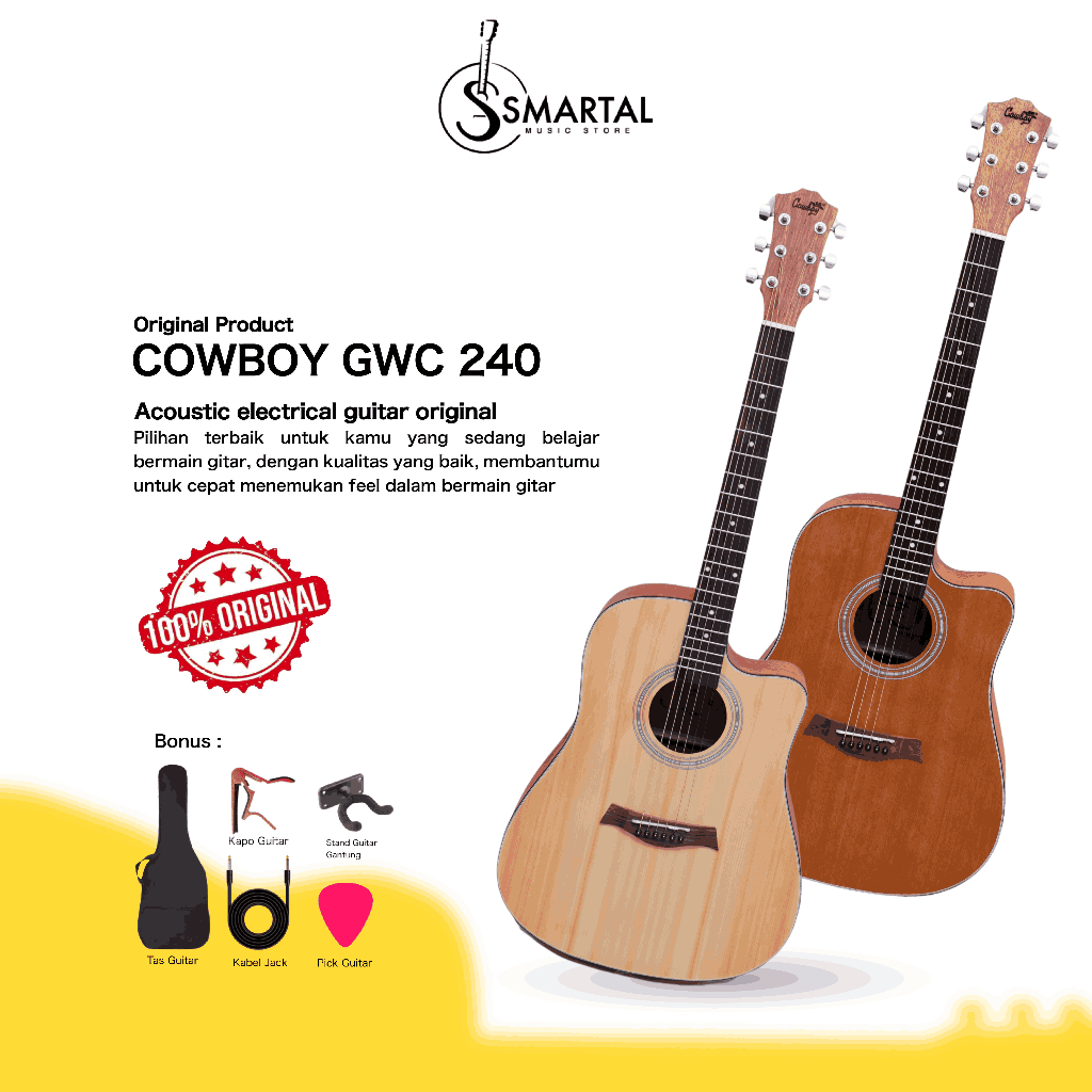 Gitar Akustik Elektrik Cowboy Gwc 240 NA NS Original Equaliser Tuner FREE PACKING KAYU Harga Terjangkau Bergaransi Berkualitas