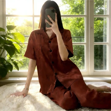 Setelan Satin Wanita Lengan Pendek Celana Panjang Korea Premium Piyama Cardigan