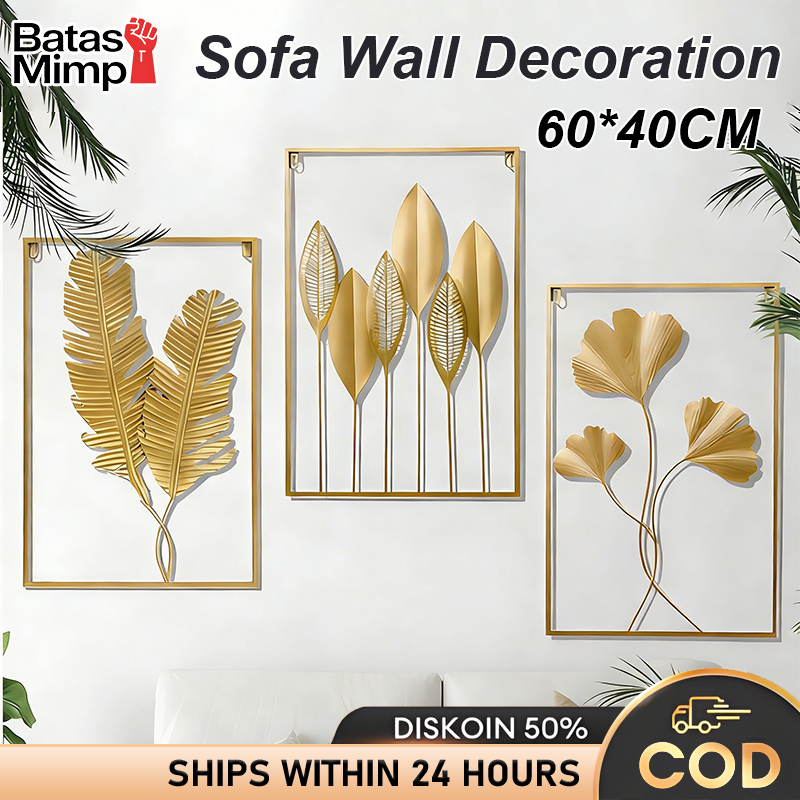 Wall Decor Gold Daun Leaf 40*60cm  Aesthetic Frame Metal Nordic Sofa Latar Modern Belakang Hiasa