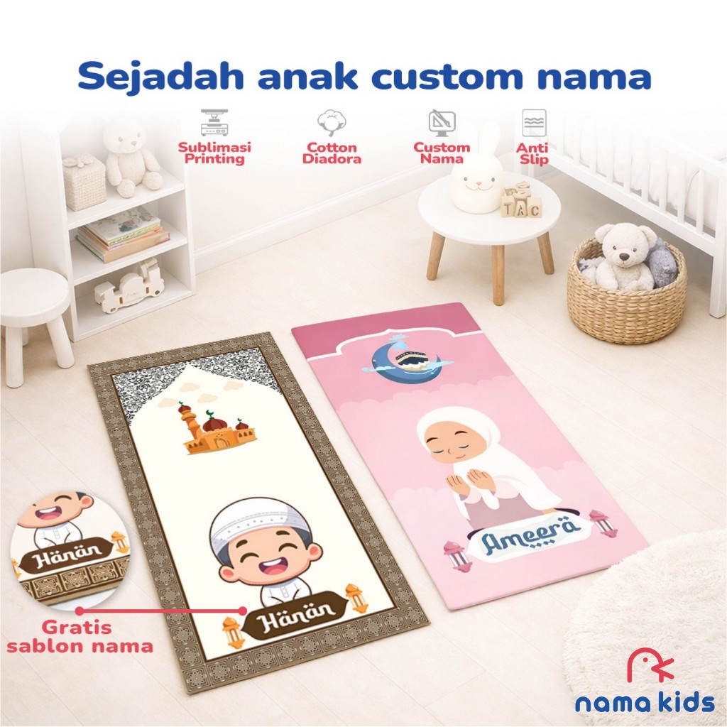 Sajadah Anak Custom Nama Laki Laki Perempuan Tebal Motif Karakter Premium [FREE PAKE NAMA] Print Sablon Karakter Sajadah Sholat Cocok Untuk Souvenir Ulang Tahun, Traveling, Dan Lain-lain