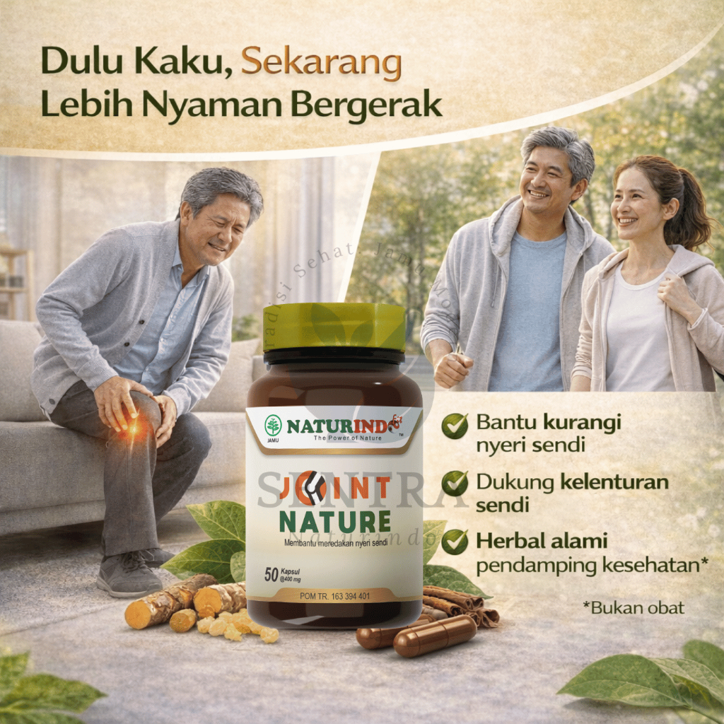 jamu JOINT NATURE kapsul, pengapuran sendi, lutut ngilu, sendi kaku pagi hari, sulit jongkok, regenerasi sendi lambat, jahe merah meniran kumis kucing sirsak lada, dukungan kesehatan sendi dan pergerakan lebih nyaman alami — JOINT NATURE
