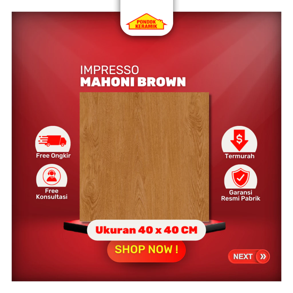 Keramik Lantai 40x40 Mahoni Brown Motif Serat Kayu Warna Coklat Glossy Kilap
