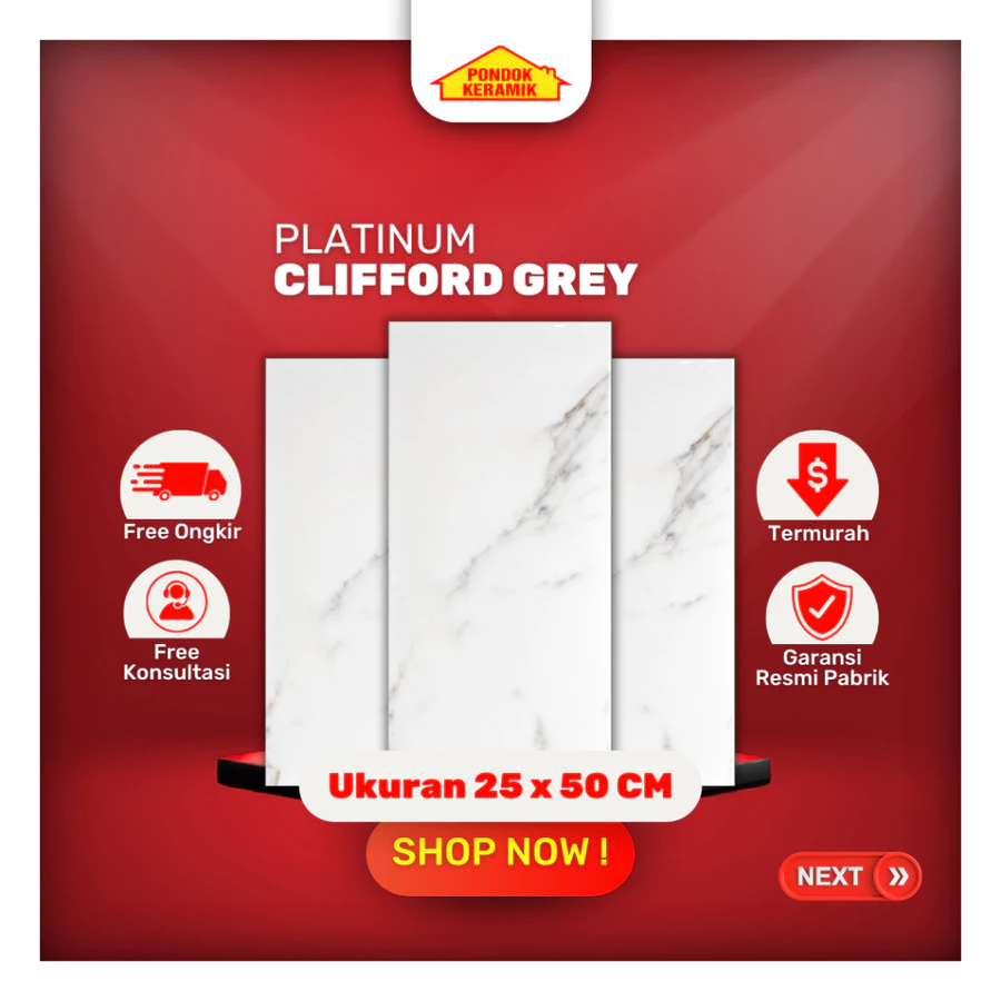 Keramik Dinding Platinum 25x50 Clifford Grey Glossy Putih Marble Carara
