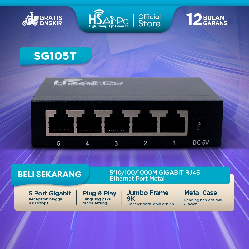 Jual HSAirPo Switch Ethernet 5 Port Gigabit 10/100/1000M – RJ45 LAN Hub ...