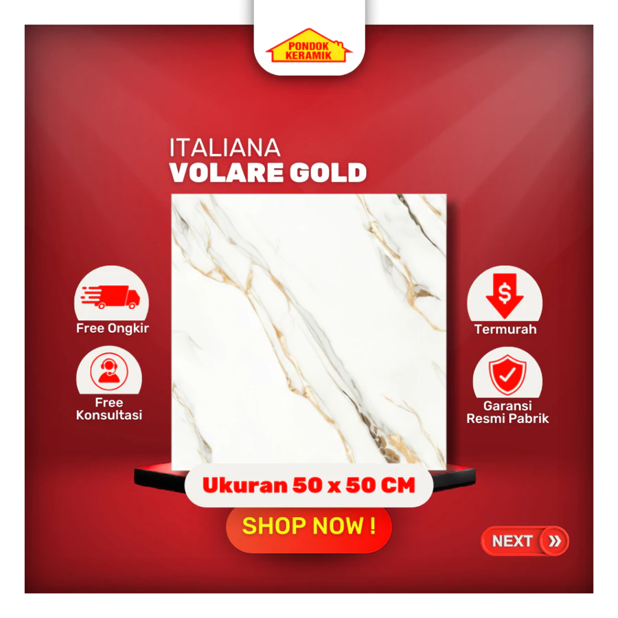 Keramik Lantai 50x50 Volare Gold Glossy Warna Putih Motif Marble Emas Gold Marble Carara