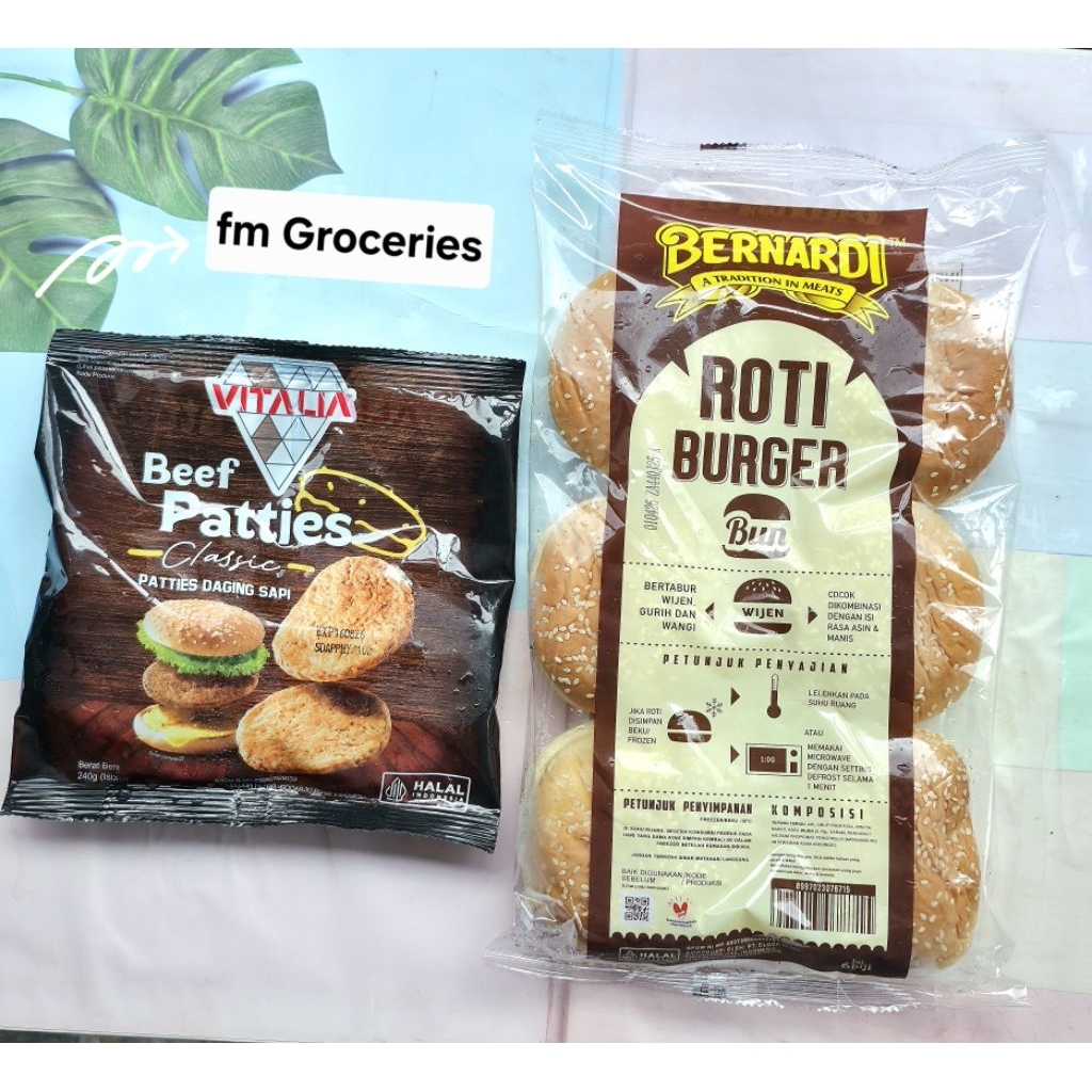 Jual Paket roti burger wijen Bernardi + beef patties vitalia Frozen ...
