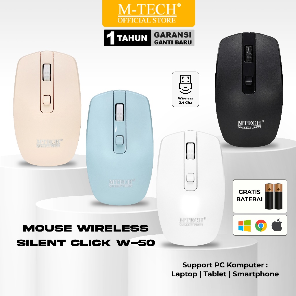 Jual MTECH Mouse Wireless Silent Click W-50 Gratis Baterai 1600 DPI ...