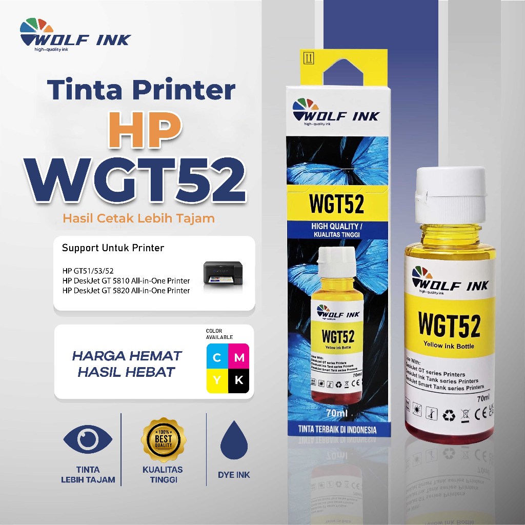 Jual WOLF INK Tinta Printer HP GT52 Refill Warna Yellow Kuning Only For ...