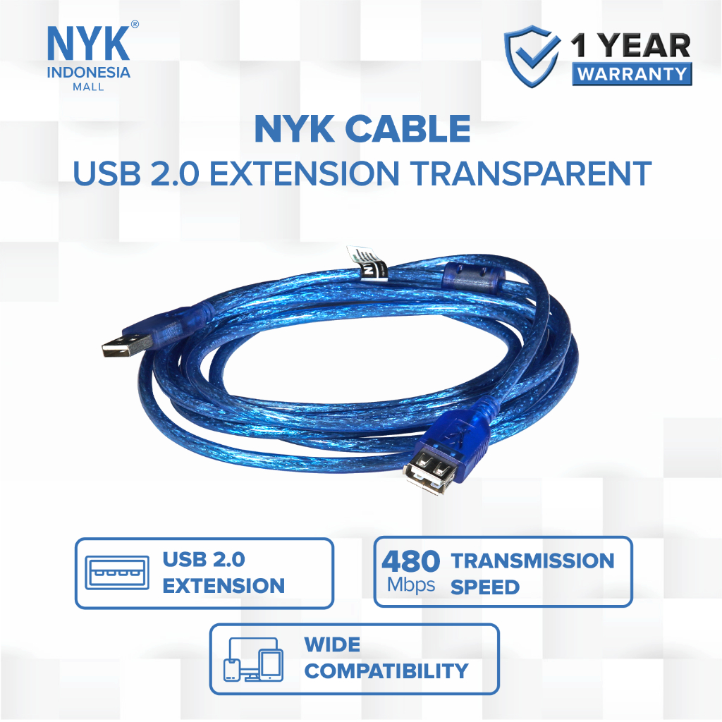 NYK Kabel USB 2.0 EXTENSION Transparant 10 Meter COD