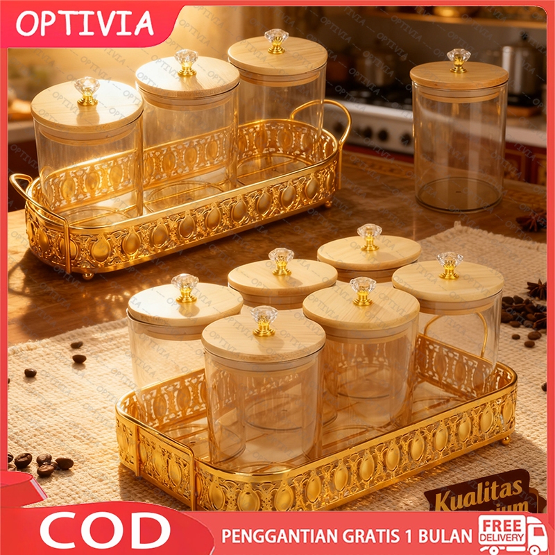 Jual OPTIVIA Toples tertutup berlian dengan baki Emas Snack Tray Kue ...