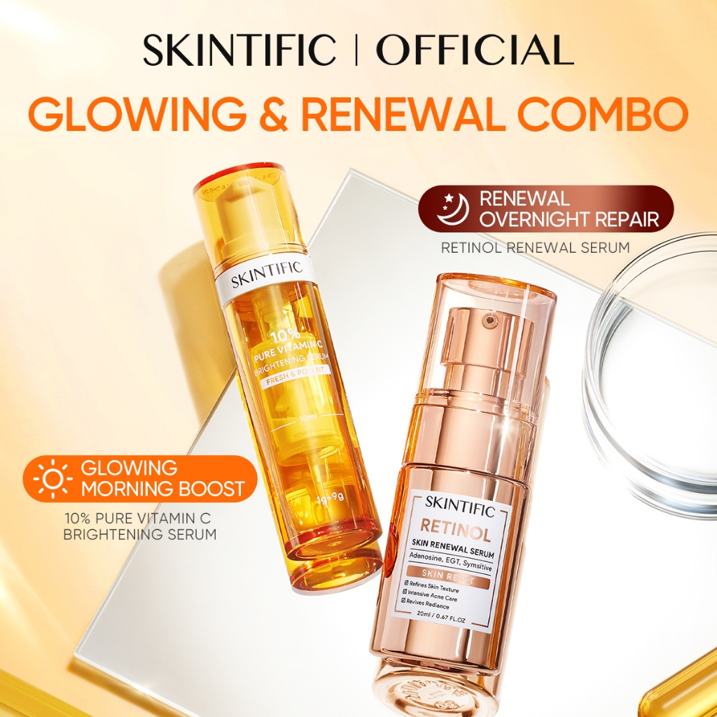 SKINTIFlC -DAY&NIGHT Serum Combo VITAMIN C FRESH BRIGHTENING SERUM+ RETINOL RENEWAL SERUM| Mencerahkan Dark Spot Tumpas Komedo Anti Aging Tone Up Whitening Brightening With ADVANCE DUAL LOCK TECHNOLOCY