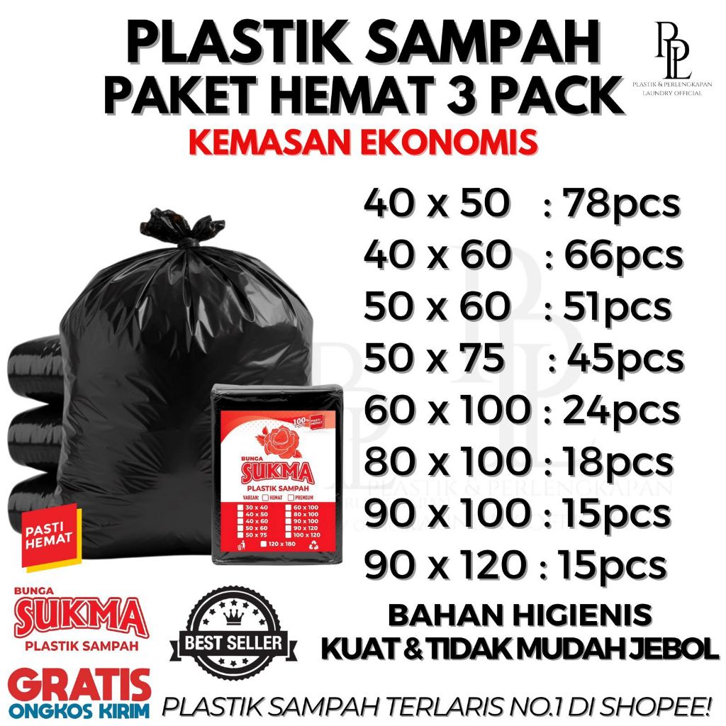 Plastik Sampah Paket Hemat Isi 3 Pack | Kantong Besar Hitam Kemasan Ekonomis Pac - foto 1
