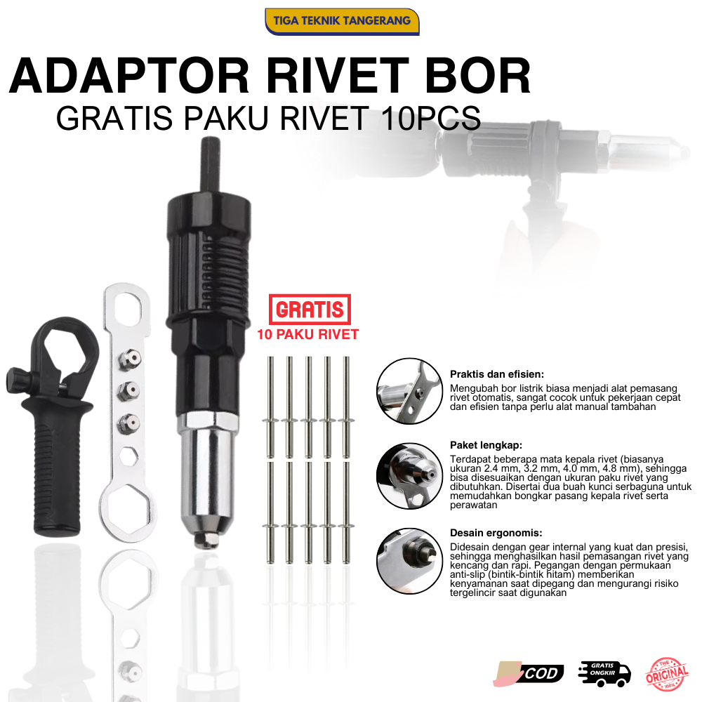 Jual Adaptor Rivet Bor Listrik Untuk Mesin Bor + Gratis 10 Pcs Paku ...