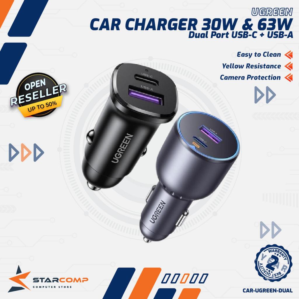 Jual UGREEN Car Charger Mobil Dual Port USB A + USB C Fast Charging 30W ...