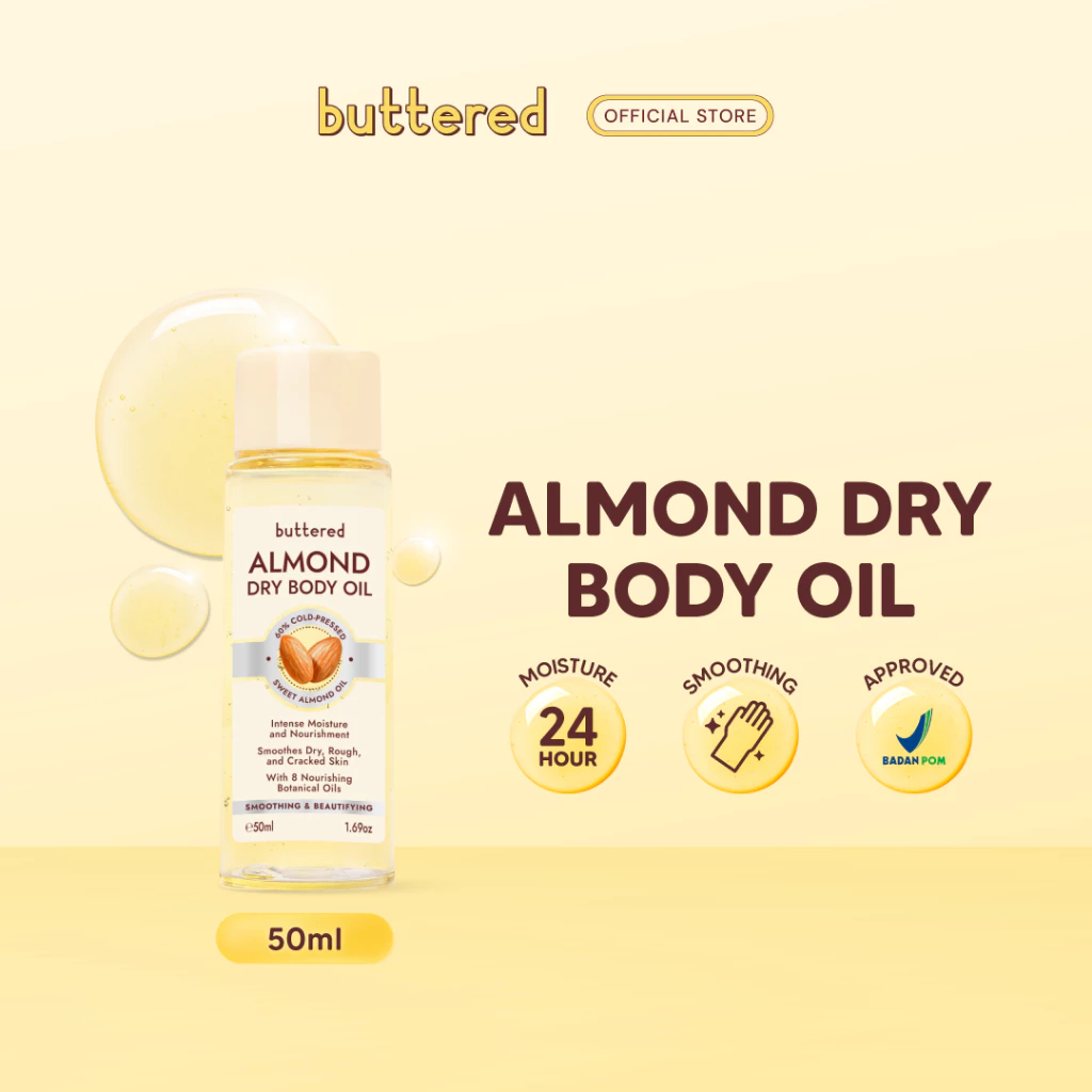Pratinjau Buttered Almond Dry Body Oil 60% Cold Pressed Sweet Almond Oil Vitamin E dan Antioksidan