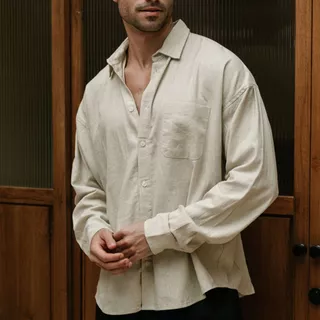 REMEDY Kemeja Linen Oversize Pria Lengan Panjang Casual Pilihan Warna Krem / Putih / Hitam / Abu Garis – Malta Linen Shirt