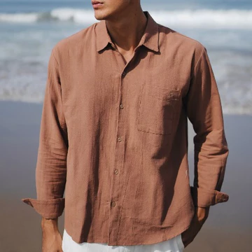 BEACHWELL Kemeja Lengan Panjang Linen Katun Angel Pria Oversized Bordir Anchor Polos Premium