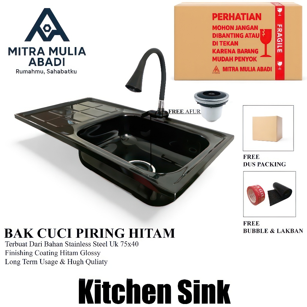 Bak Cuci Piring Hitam Stainless Steel 75cm Fullset Paket Lengkap Wastafel Kitchen Sink