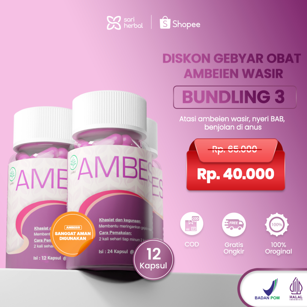 [PAKET 3 BOTOL HARGA GEBYAR] AMBESIR 12 Kapsul EXP 2026 - Obat Ambeien Ambeyen Wasir Ekstrak Daun Ungu KEMBANG BULAN ORI BPOM Halal Aman