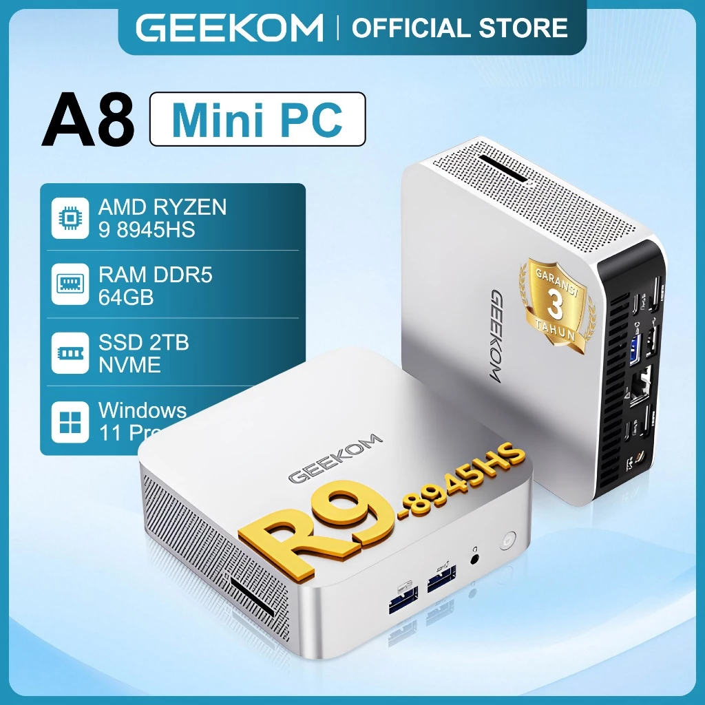 Geekom Mini PC Gaming A8 AMD Ryzen 9 8945HS RAM 64GB DDR5 2TB SSD Windows 11 Pro PC Mini Office Wifi
