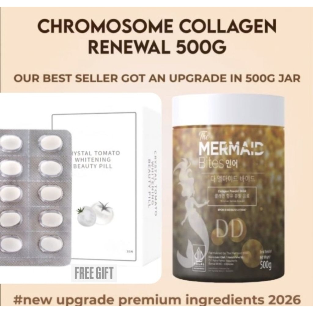 Jual BPOM MC DD CHROMOSOME GLUTATHIONE WHITENING COLLAGEN JAR 500GRAM FREE  CRYSTAL WHITE TOMATO[1BOX:30CAPSULES]