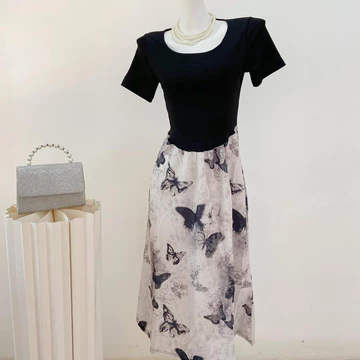 Dress Hitam Korea Elegant Midi Dress 2025 Princess Floral Dress Lengan Pendek Big Size Pantai